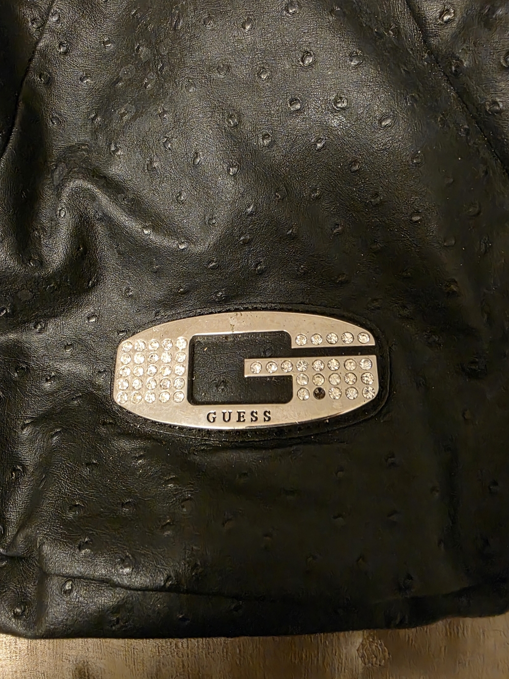 GUESS Black Women's Shoulder Bag Rhinestone Logo Accent Silver Hardware Ostrich - Picture 2 of 4